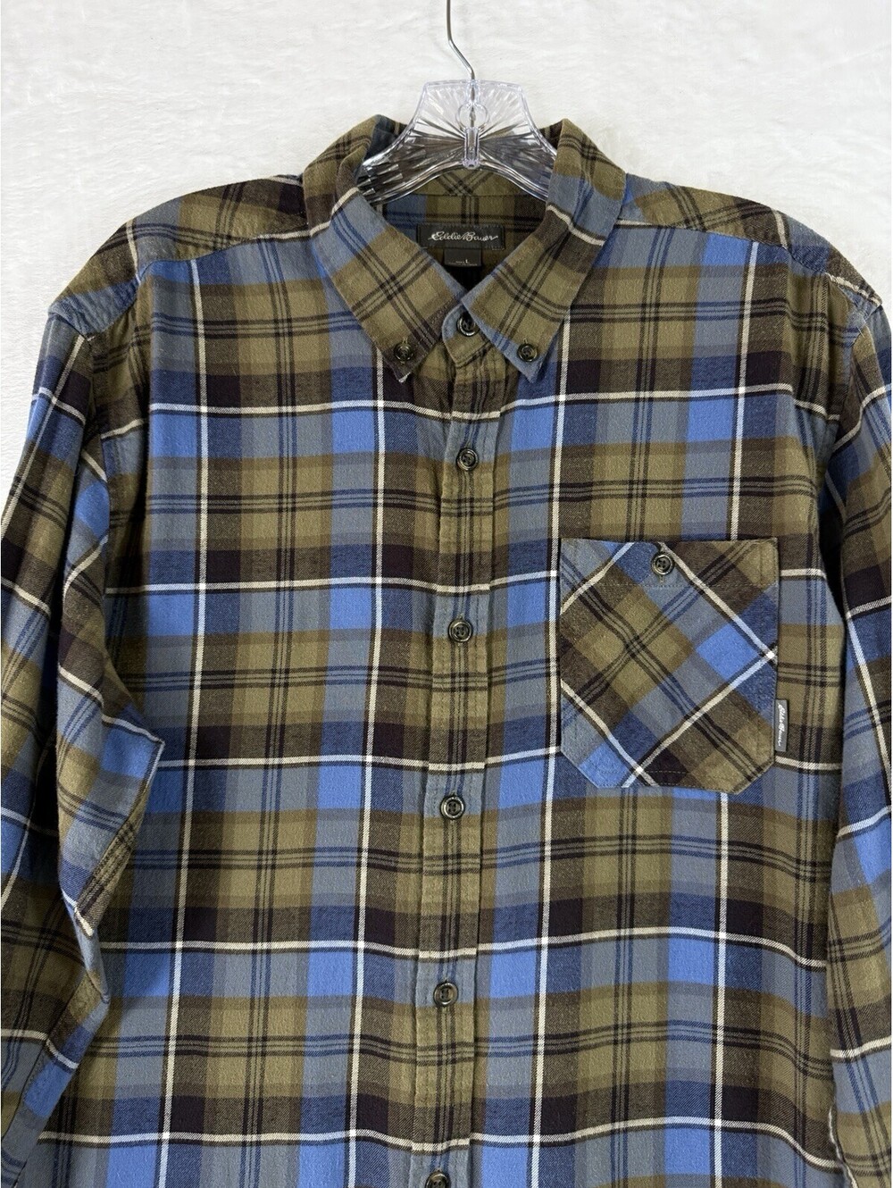 Eddie Bauer Flannel Shirt Mens Large Green Blue Button Up Long Sleeve Cotton